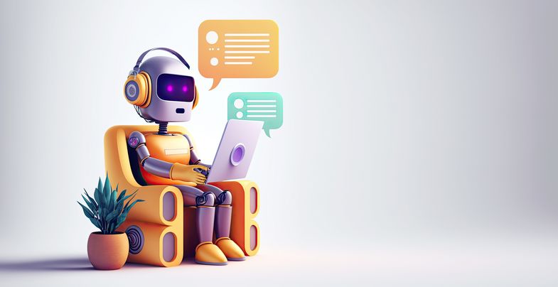 Grafik eines Roboters mit Laptop in der Hand und Sprechblasen