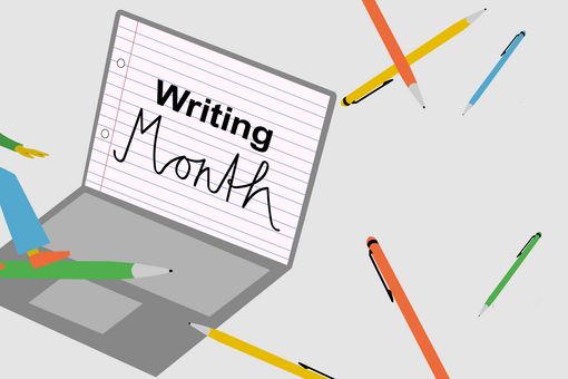 Person surft auf einem, auf dem Laptop neben ihr steht "Writing Month" geschrieben
